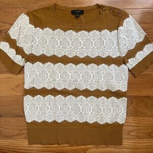 J. Crew Tan and White Lace Stripe Short Sleeve Top NEW
